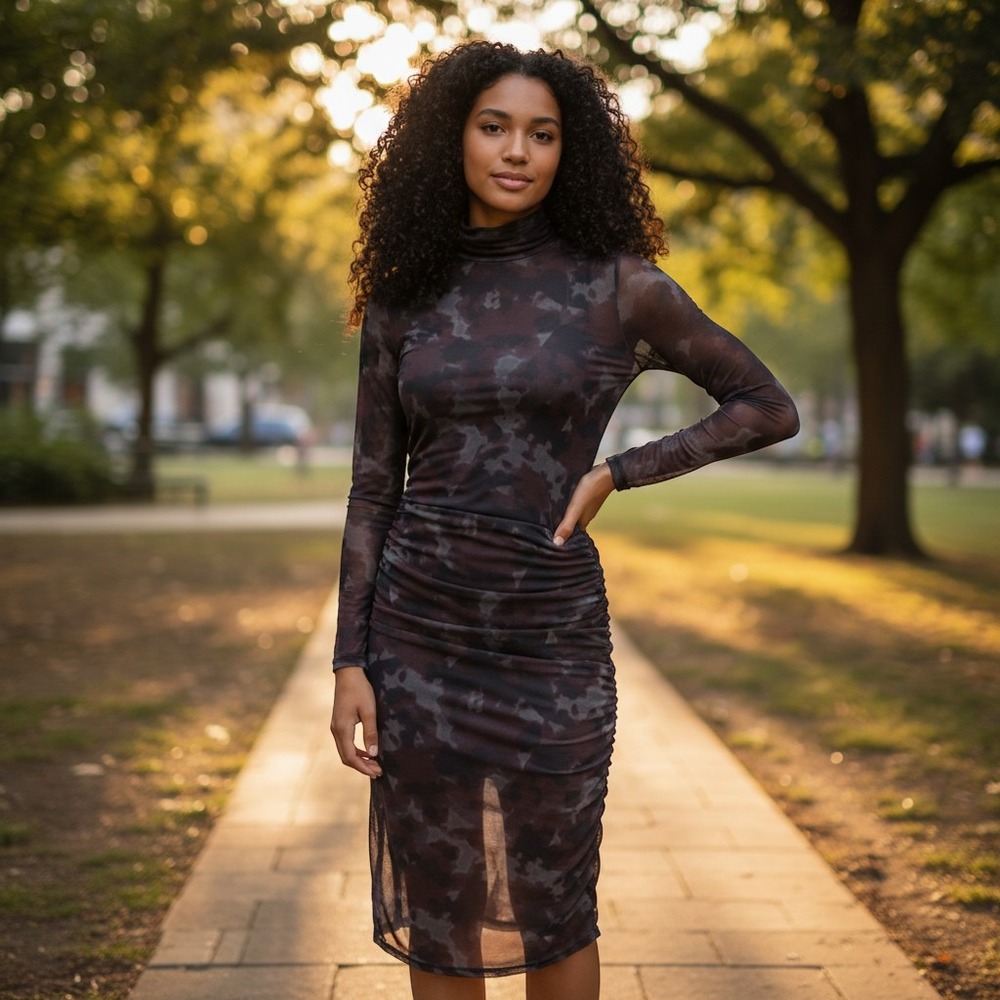 Allison Joy Sheer Printed Pattern Mesh Dress, Ruched, Mock Neck, AG1.C1021